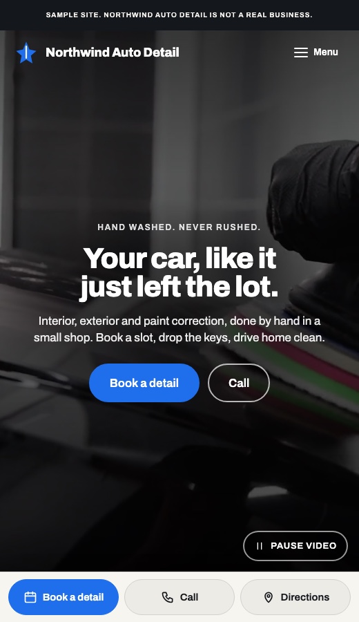 Northwind Auto Detail sample site on a phone: video of a car being polished, book a detail, call, directions