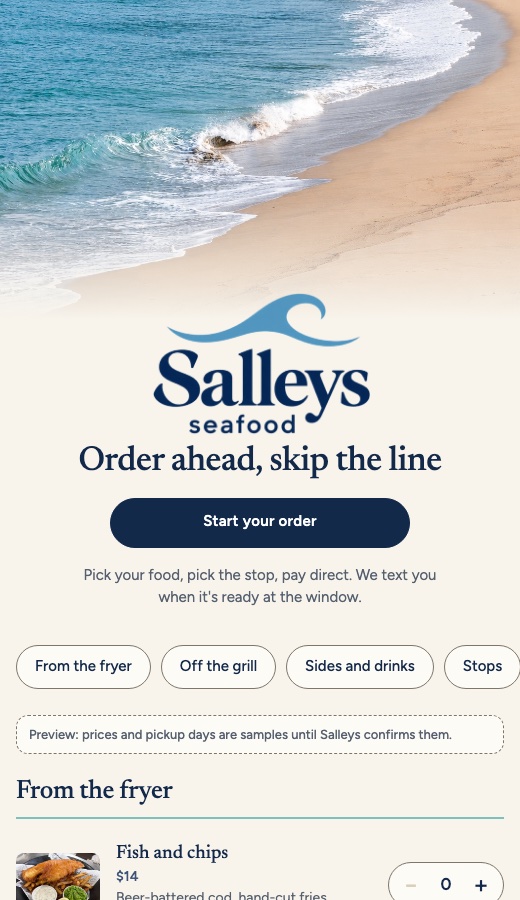 Salleys Seafood sample order page on a phone: shoreline hero, order ahead, menu with photos