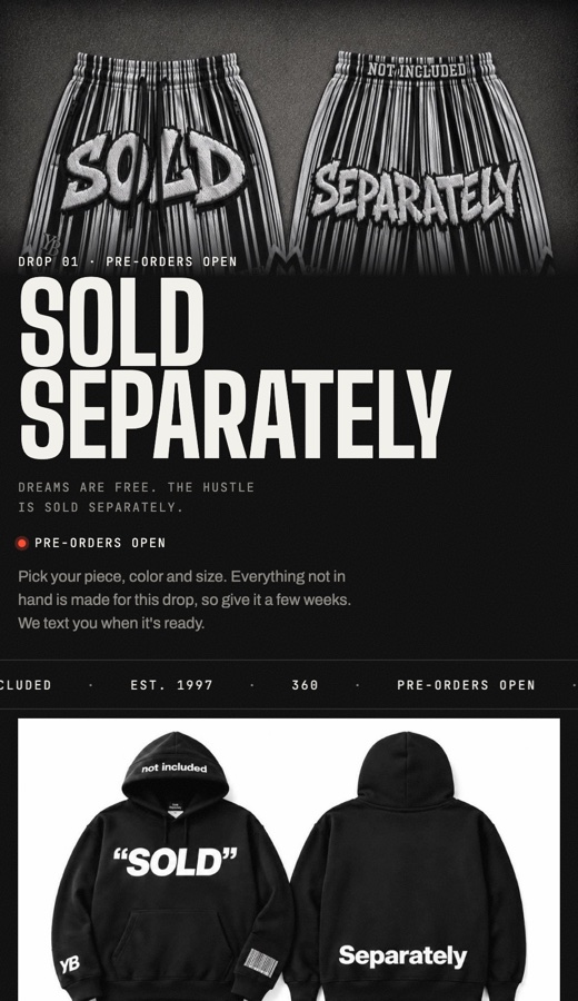 Sold Separately clothing shop on a phone: hoodie and tee tiles, pre-order tag, bag total