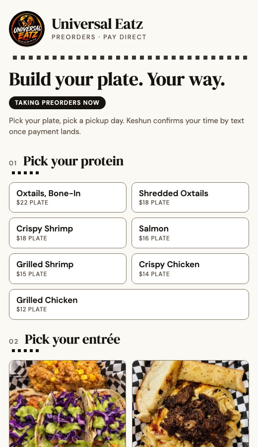 Universal Eatz order page on a phone: pick your protein, pick your entrée